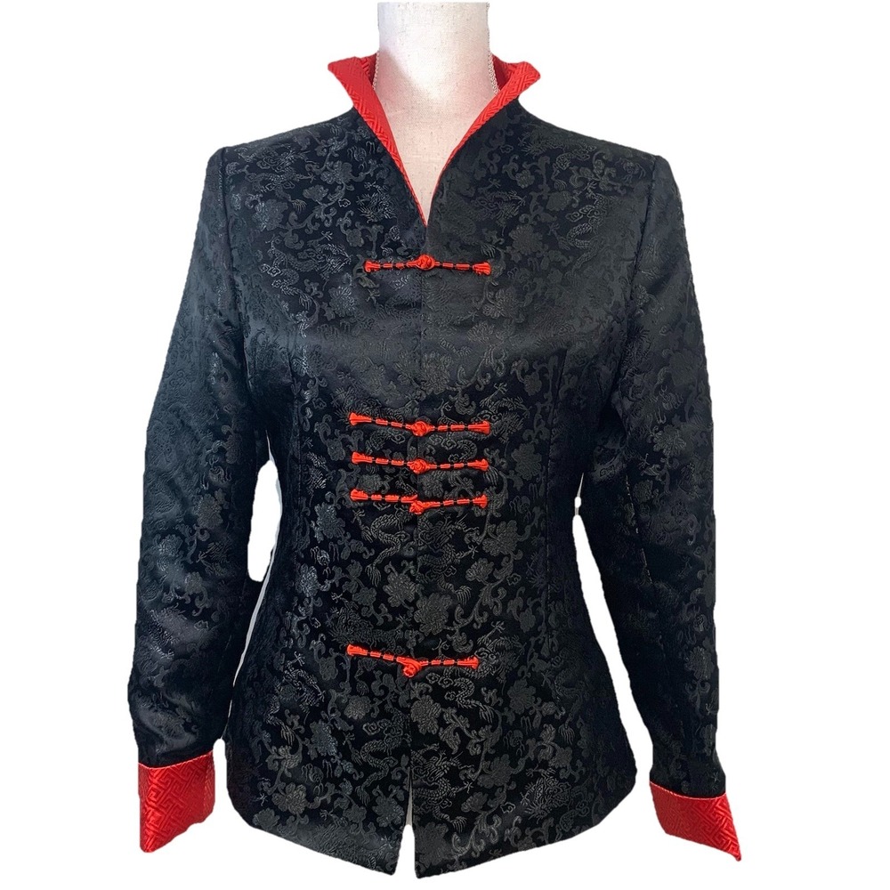 BoXiHuaFu Imperial Blazer Jacket Black Satin Chinese Pattern Mandarin Collar‎